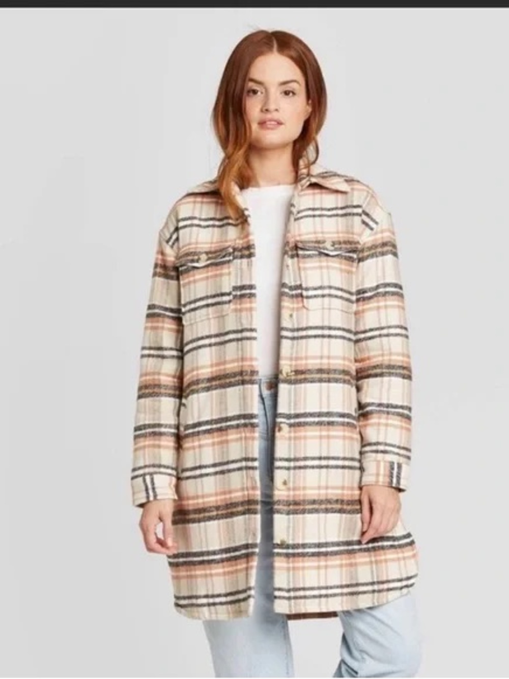 Universal Thread long line Flannel Shirt Jacket tan orange Large
